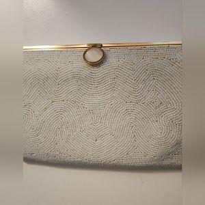 Vintage beaded Purse Handbag Evening Bag in Ivory, with gold accents.